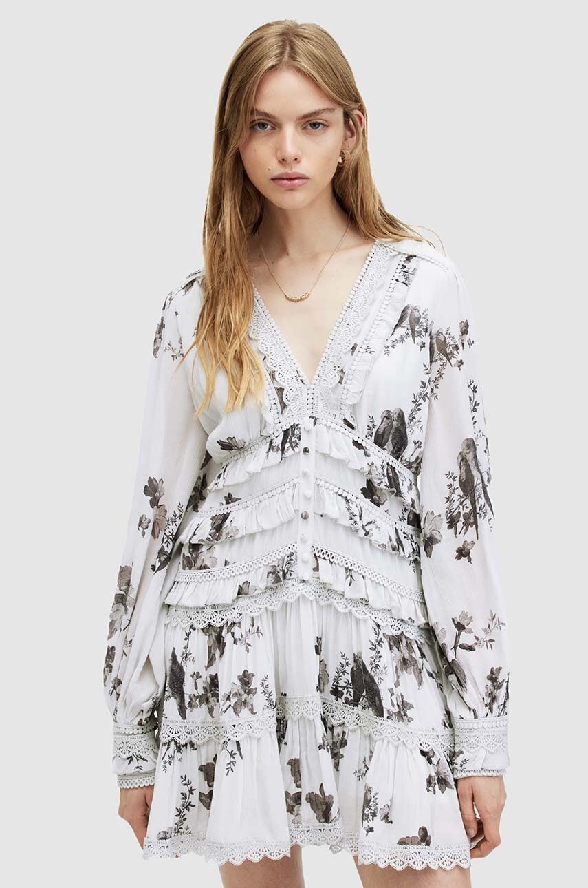 Haljina AllSaints ZORA IONA DRESS boja: bijela, mini, širi se prema dolje, W167DA