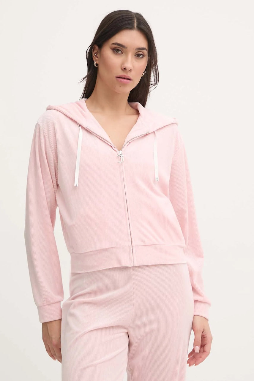 Pulover za spanje Juicy Couture LIV RIB VELOUR HOODIE ženski, roza barva, JCLBJ125503