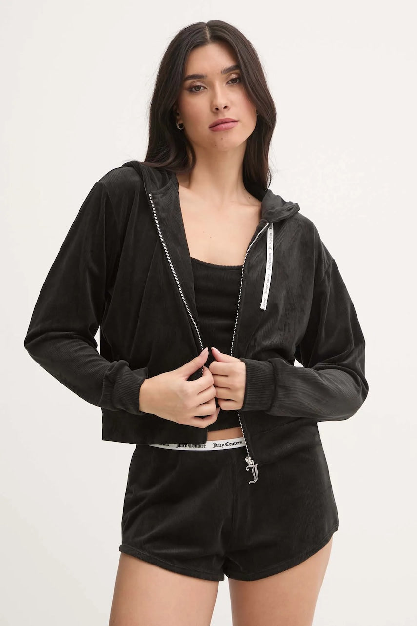 Pulover za spanje Juicy Couture LIV RIB VELOUR HOODIE ženski, črna barva, JCLBJ125503