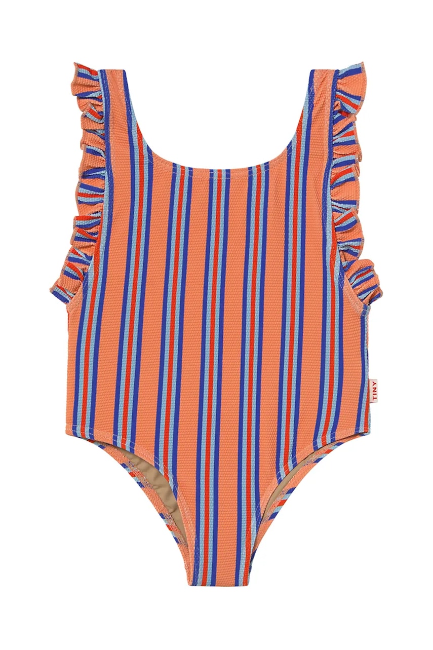 Enodelne otroške kopalke Tinycottons STRIPES SWIMSUIT oranžna barva, SS25-277