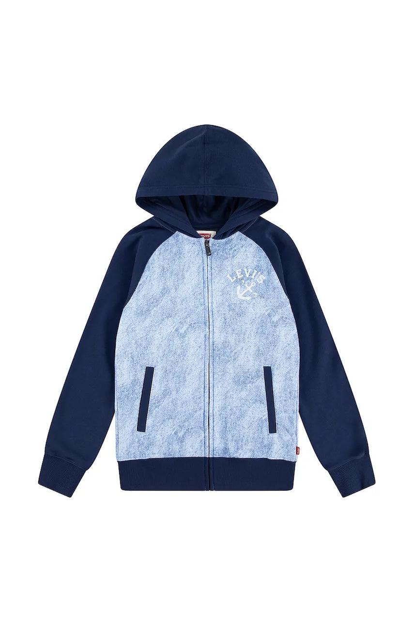 Otroški pulover Levi's TROMPE LOEIL DENIM HOODIE mornarsko modra barva, s kapuco, 8EM394