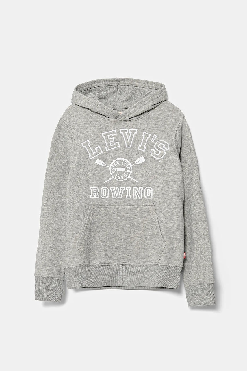 Otroški pulover Levi's VARSITY ROWING HOODIE siva barva, s kapuco, 9EM573