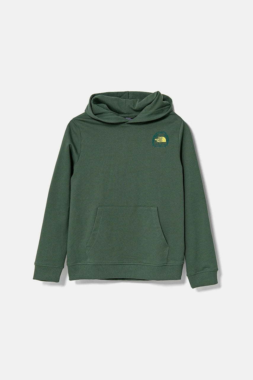 Otroški bombažen pulover The North Face GRAPHIC RELAXED HOODIE zelena barva, s kapuco, NF0A8AXTHCH1
