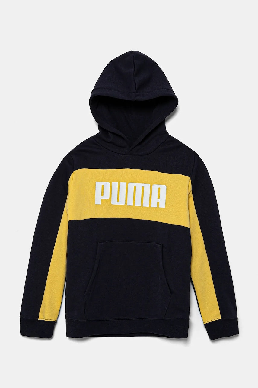 Otroški pulover Puma ESS BLOCK Hoodie TR mornarsko modra barva, s kapuco, 685819