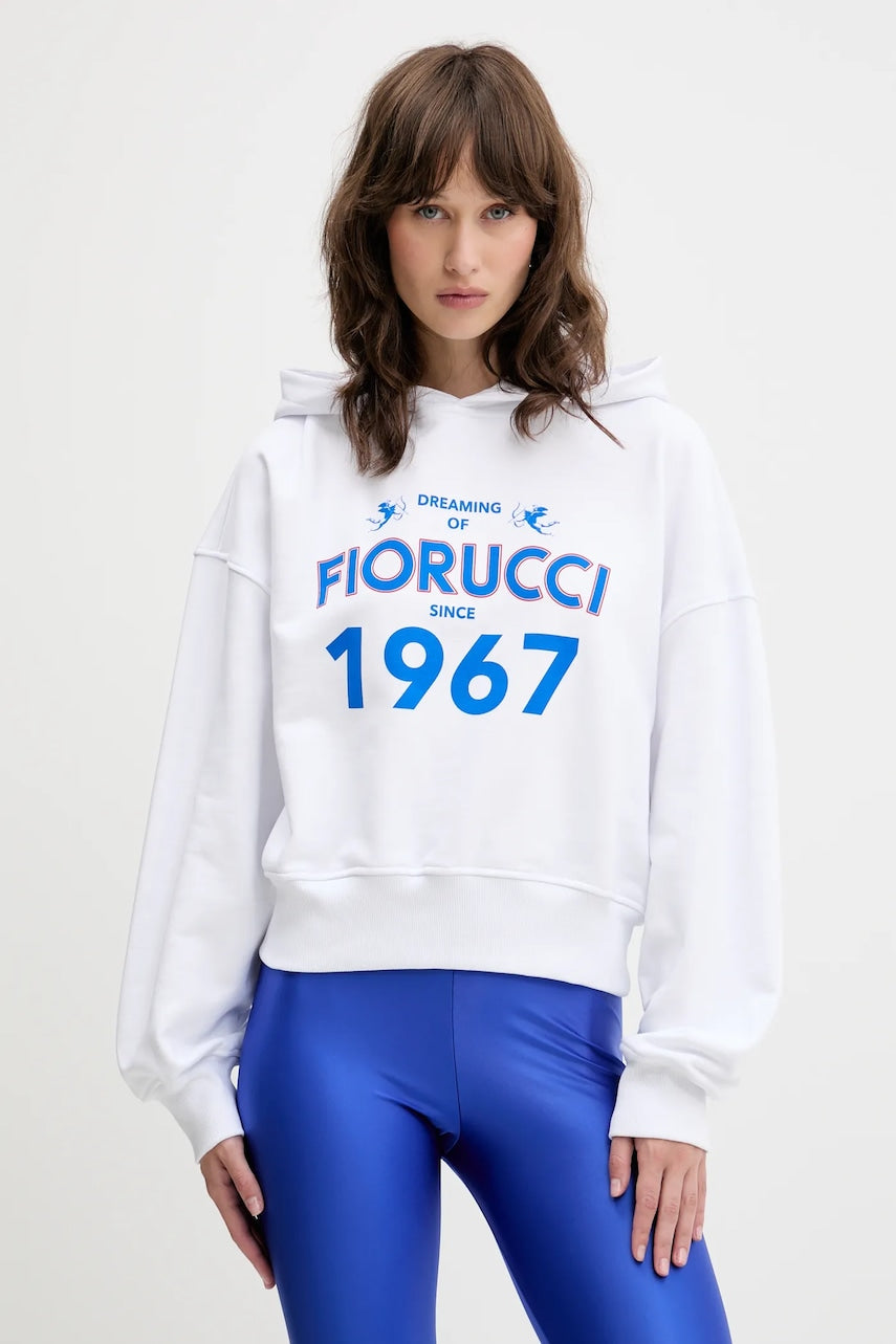 Bombažen pulover Fiorucci Dreaming 1967 Print Boxy Fit Cropped Hoodie ženski, bela barva, s kapuco, W01SMSHO269CJ05WH01