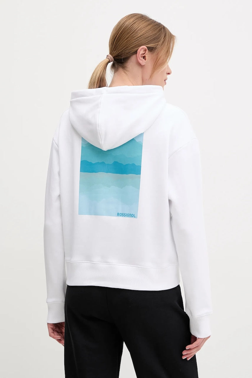 Pulover Rossignol Waterfall ženski, bela barva, s kapuco, RLNWS02