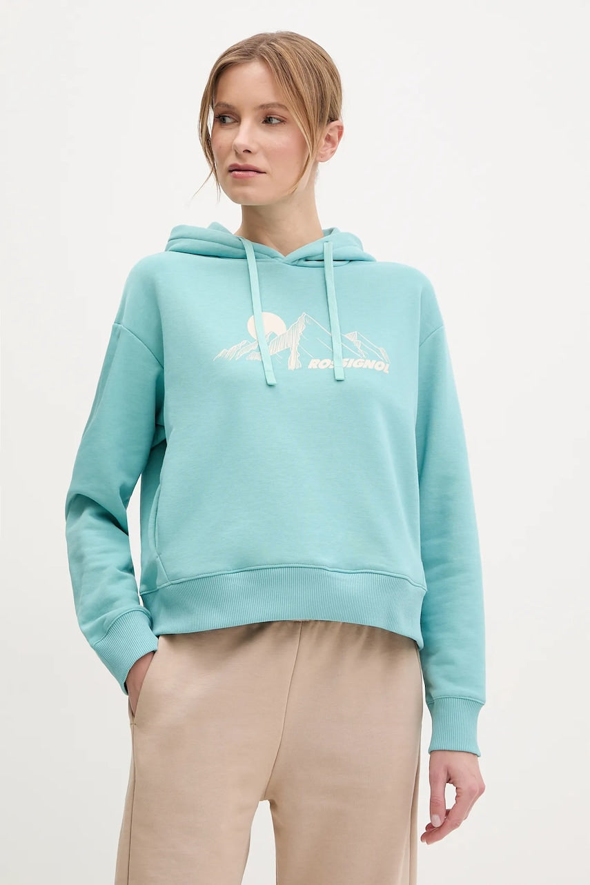 Pulover Rossignol Waterfall ženski, turkizna barva, s kapuco, RLNWS02