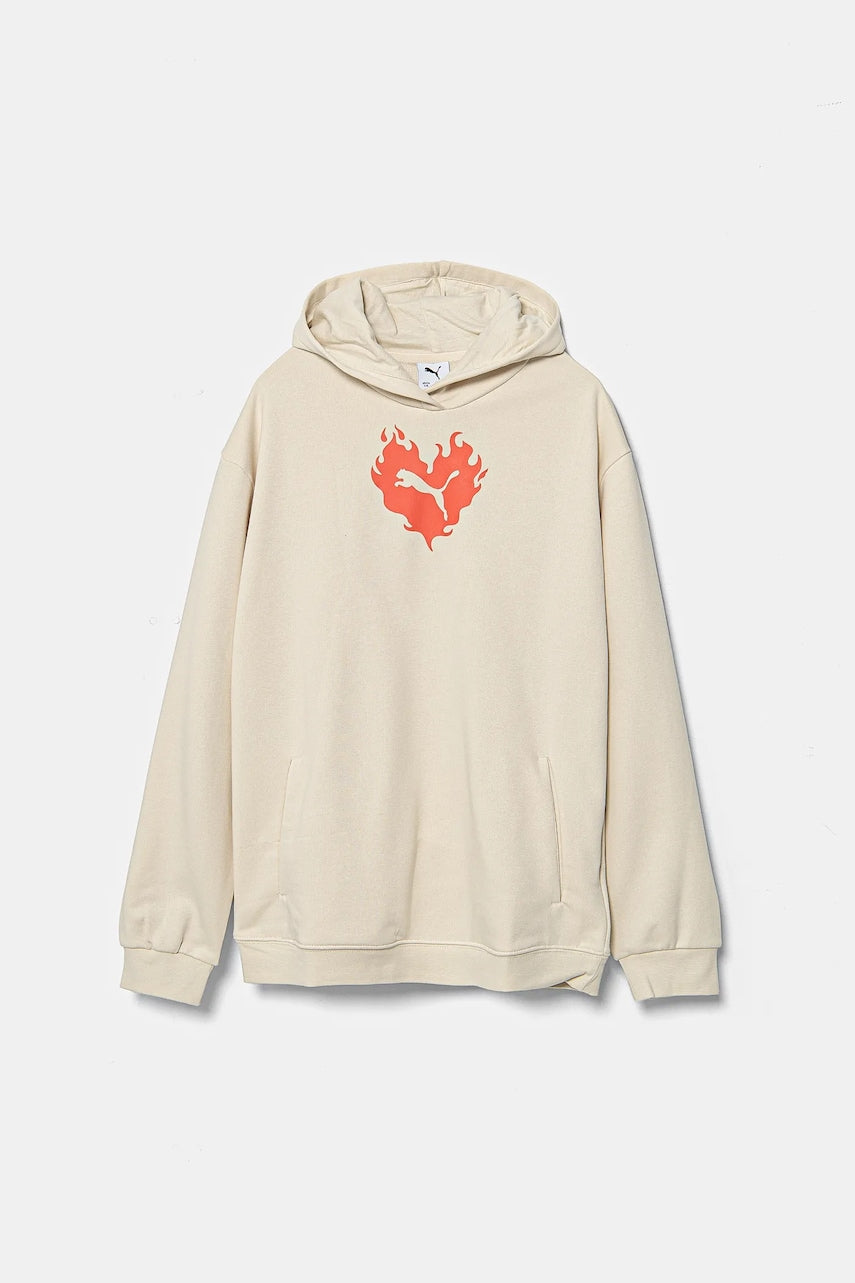 Bombažen pulover Puma FLAMING LOVE Hoodie TR bež barva, s kapuco, 685109