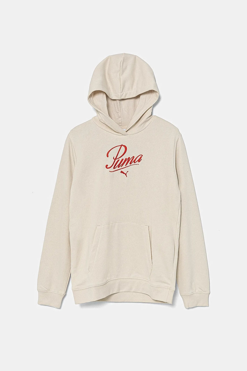 Dječja dukserica Puma ESS SCRIPT Hoodie TR boja: bež, s kapuljačom, s aplikacijom, 685806