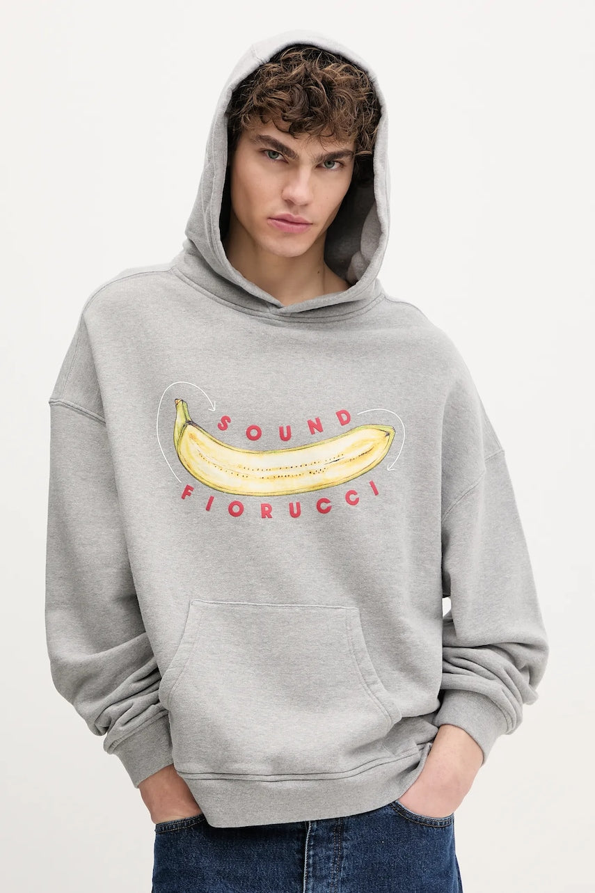 Pamučna dukserica Fiorucci Banana Sound Print Relaxed Fit Hoodie za muškarce, boja: siva, s kapuljačom, s tiskom, U02SPSHO092CJ05GY01