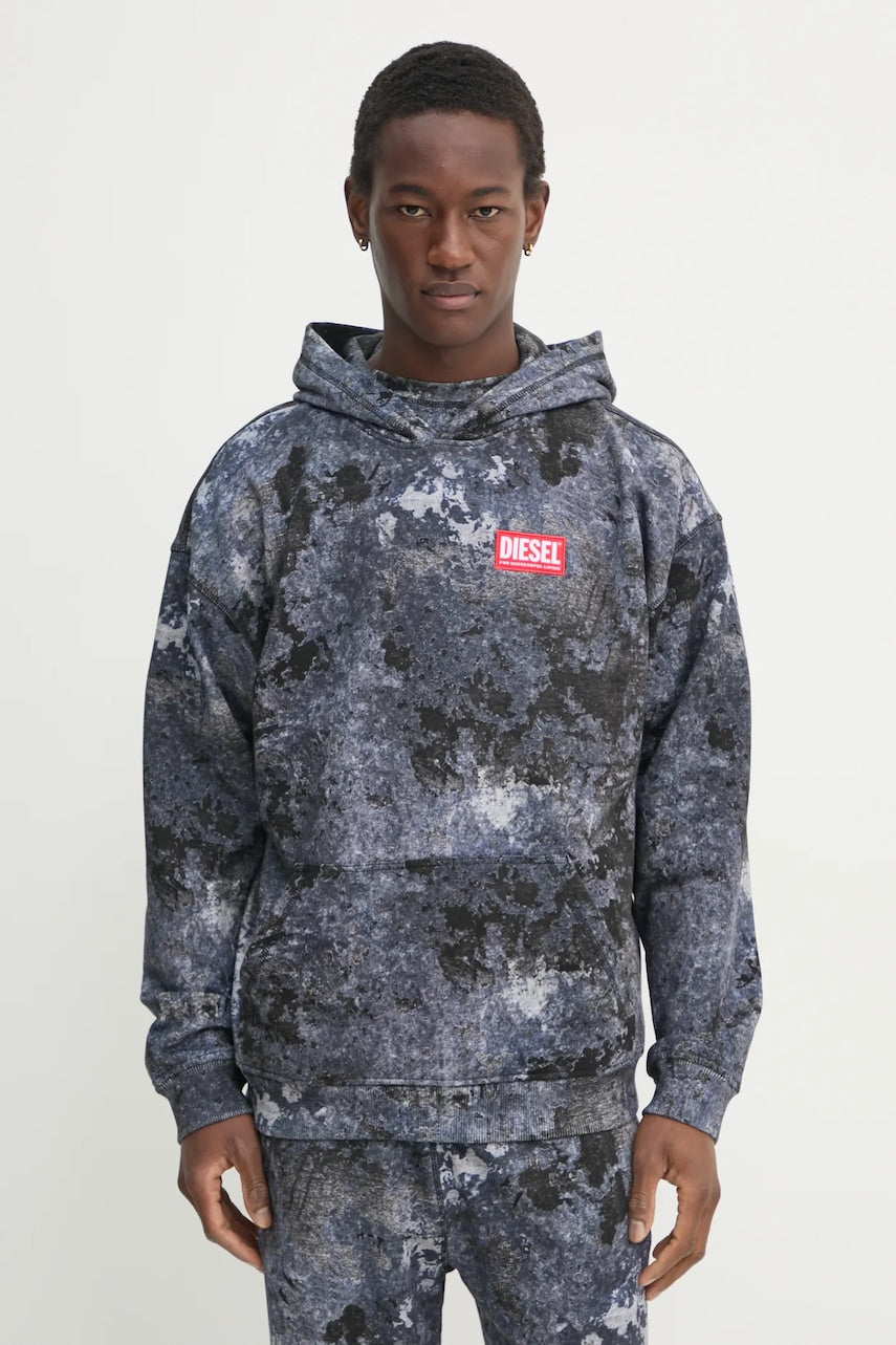 Bombažen pulover Diesel S-BOXT-HOOD-R8 SWEAT-SHIRT moški, siva barva, s kapuco, A16404.0QLAG