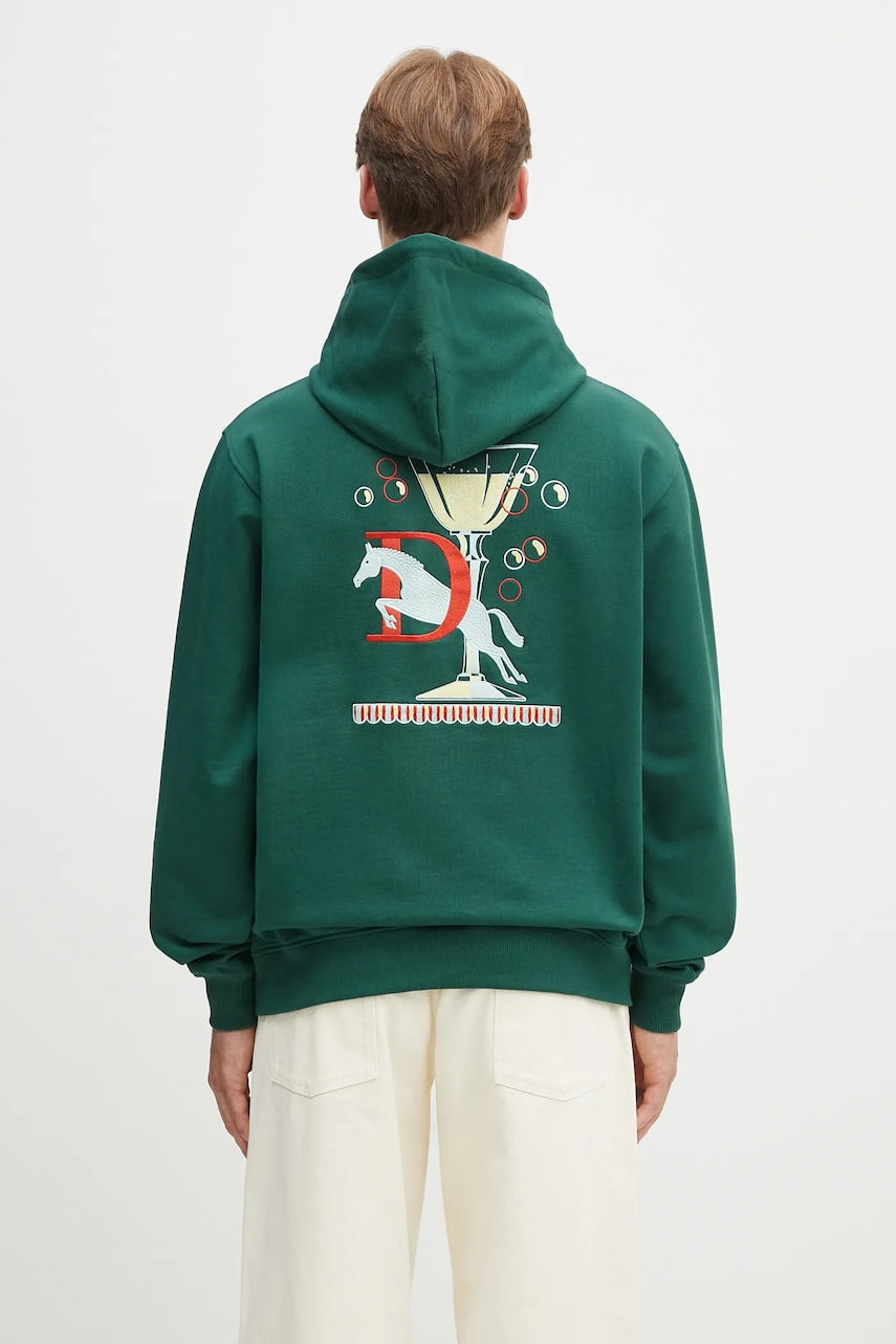 Bombažen pulover Drôle de Monsieur Le Hoodie Polo moški, zelena barva, s kapuco, G-HO178-CO200-DGN