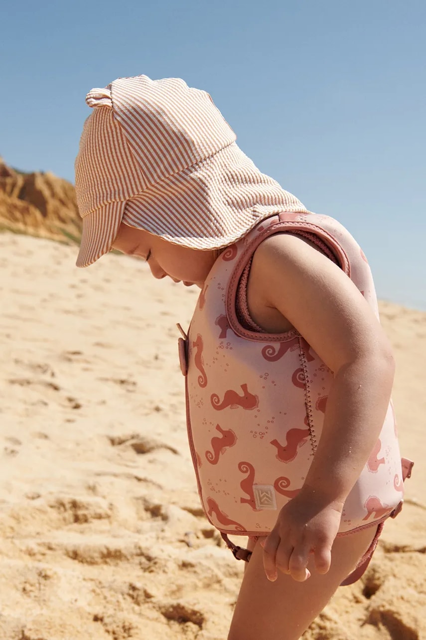 Otroška baseball kapa Liewood Senia Seersucker Sun Hat With Ears oranžna barva, LW17681