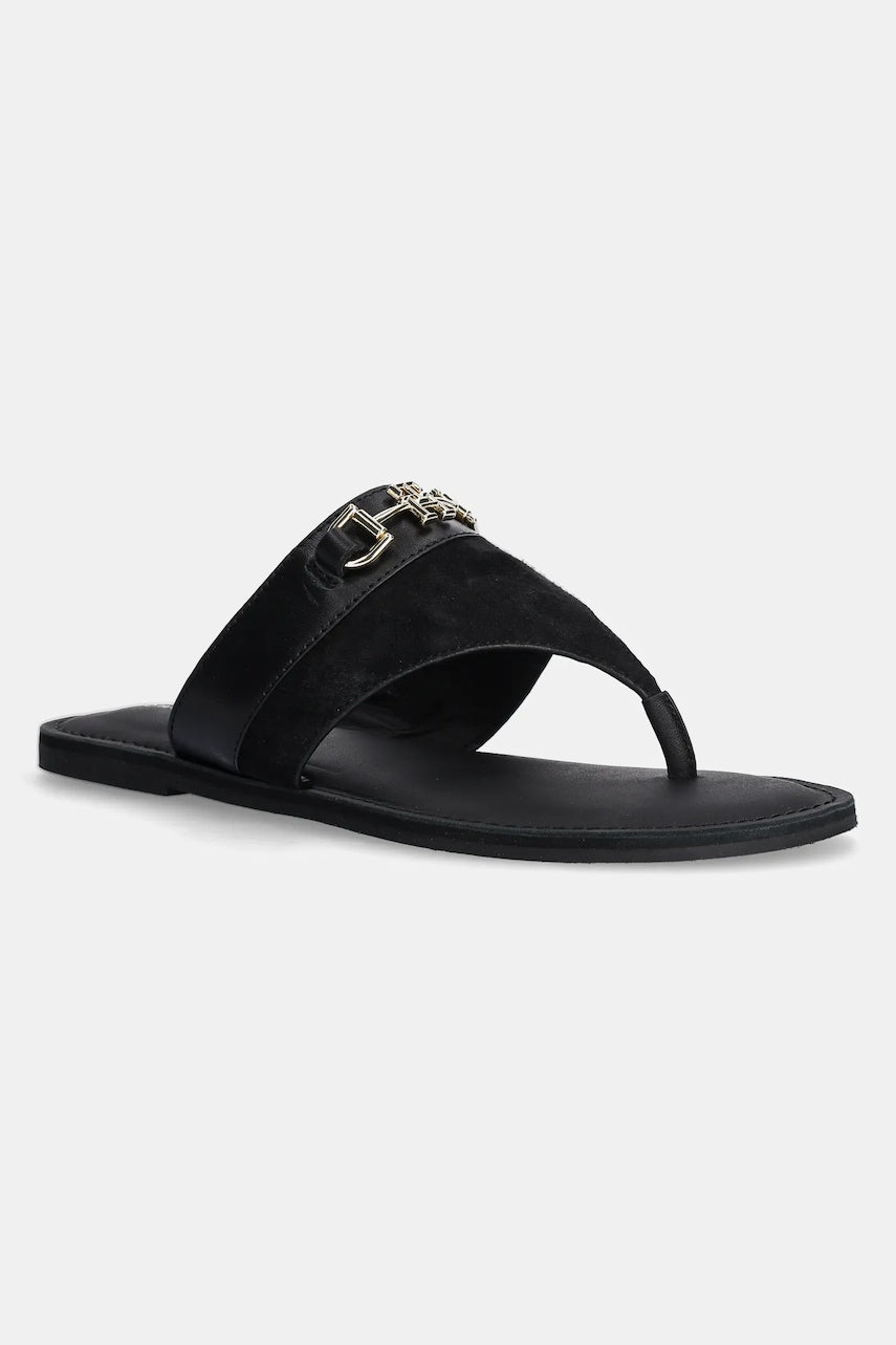 Kožne japanke Tommy Hilfiger MIXED LEATHER HORSEBIT THONG za žene, boja: crna, ravni potplat, FW0FW08506