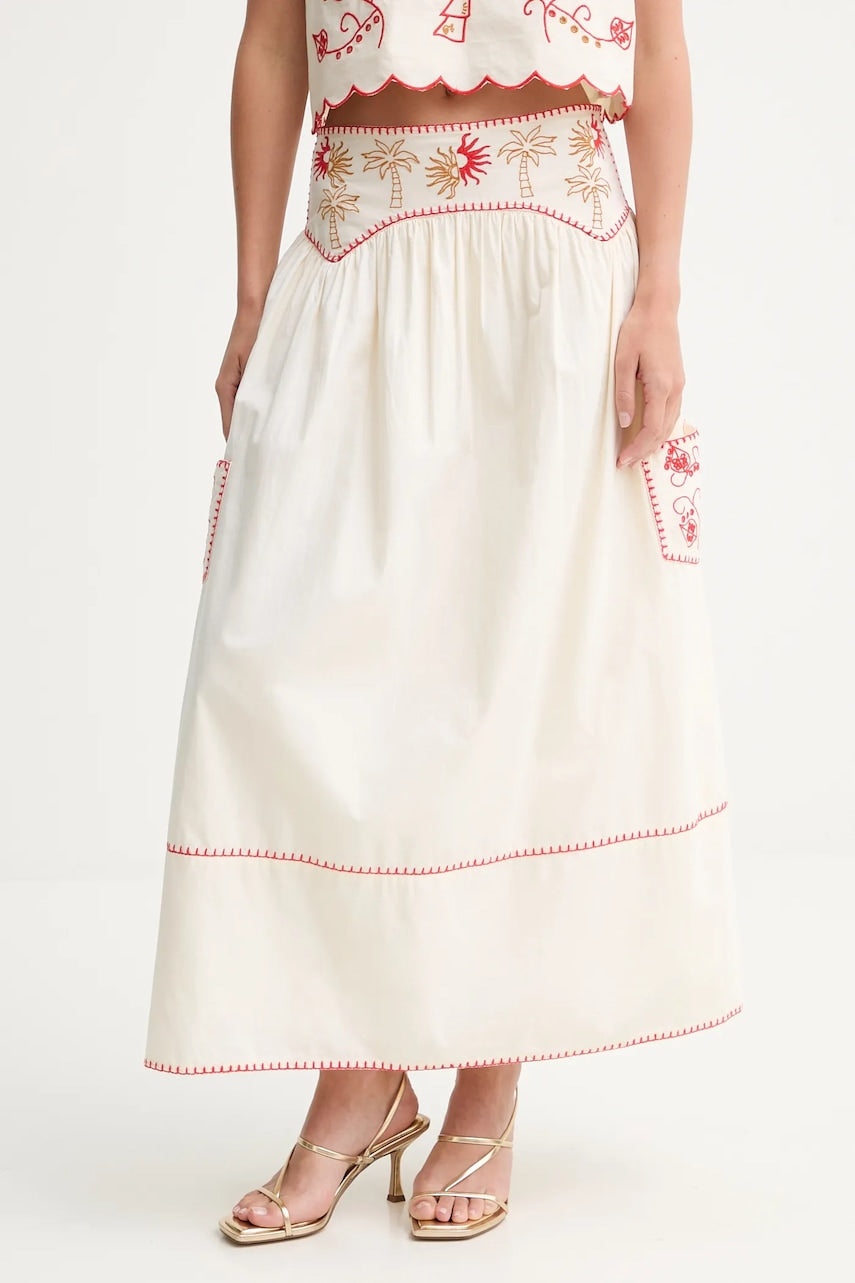 Pamučna suknja Never Fully Dressed boja: bež, midi, širi se prema dolje, NFDSK650