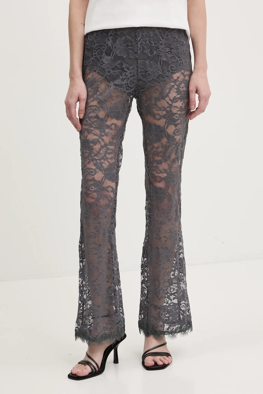 Hlače Never Fully Dressed Charcoal Lace ženske, siva barva, NFDTR453