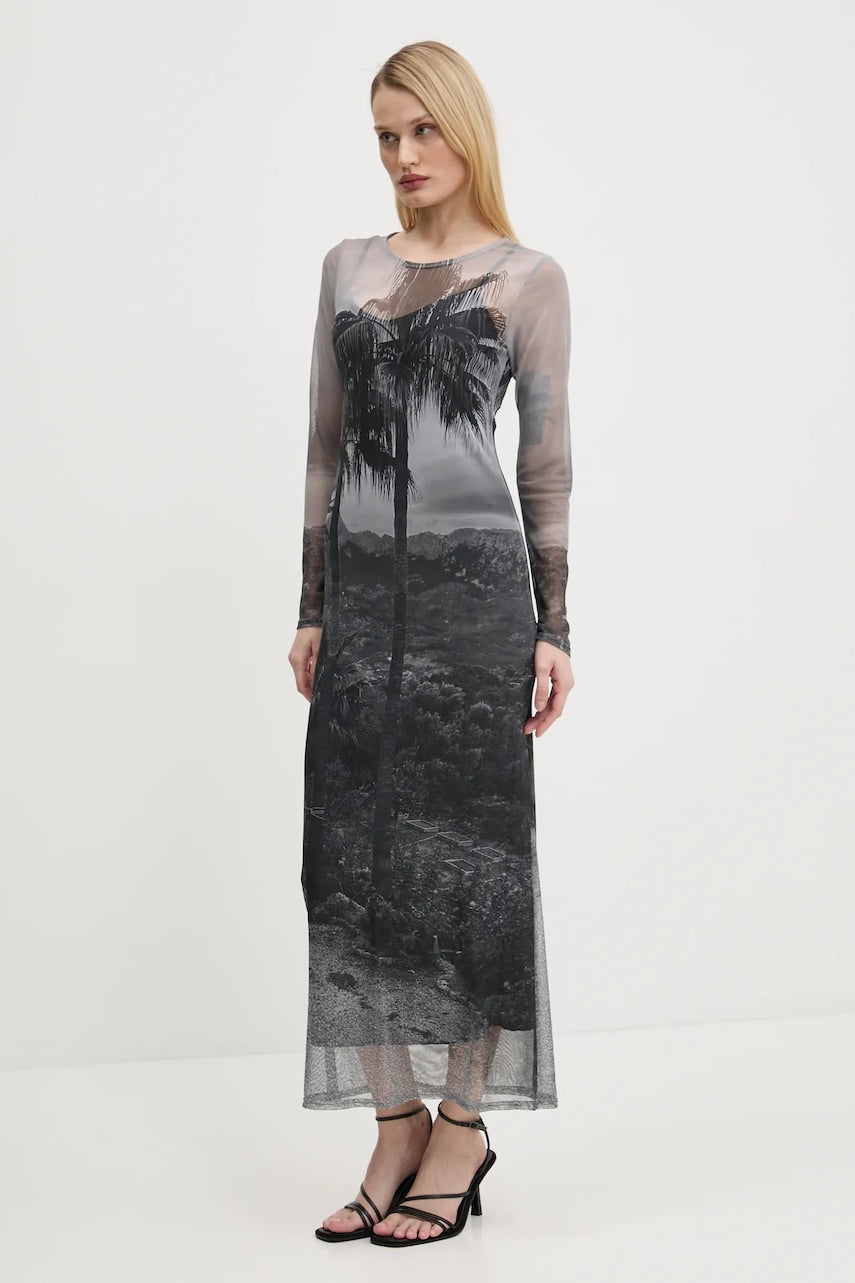 Haljina Never Fully Dressed Mallorca Scene Mesh boja: siva, midi, ravna, NFDDR1817