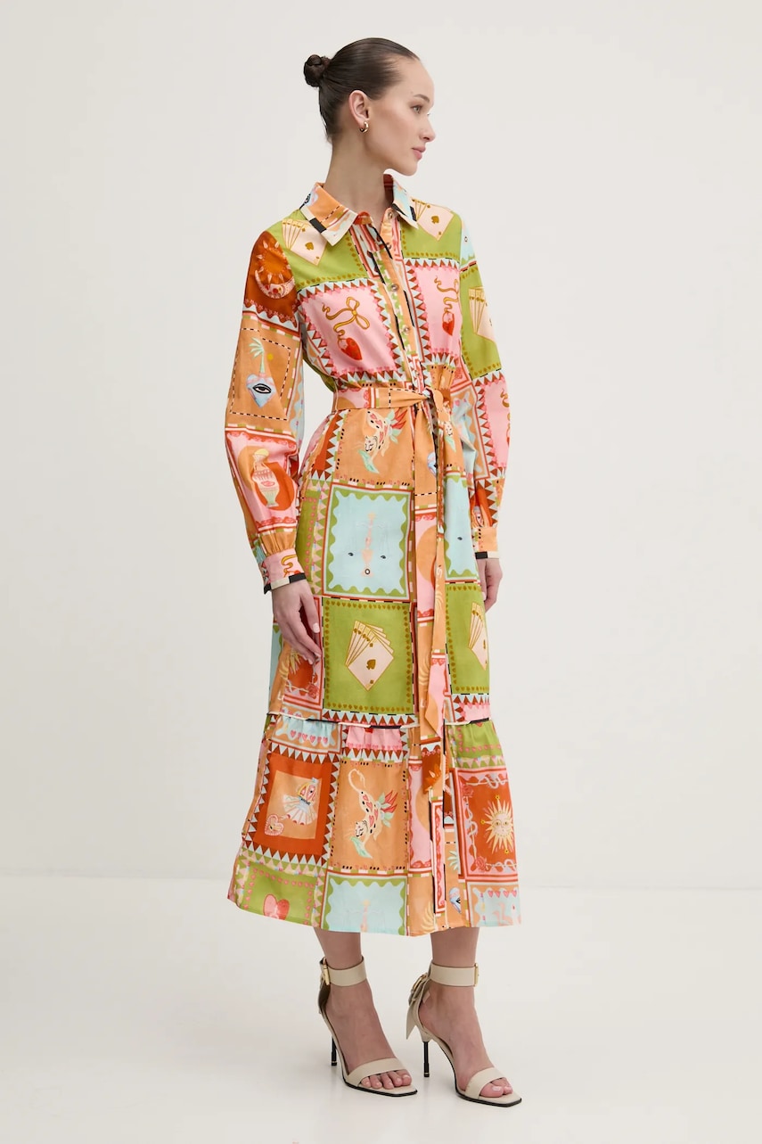 Haljina s dodatkom lana Never Fully Dressed boja: narančasta, midi, širi se prema dolje, NFDDR1782