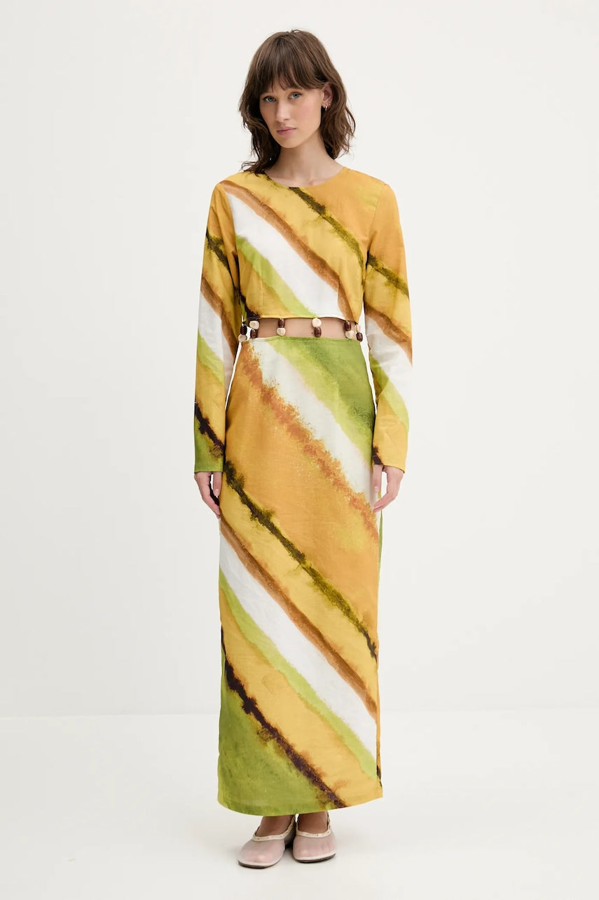 Obleka iz mešanice lana Never Fully Dressed rumena barva, NFDDR2014