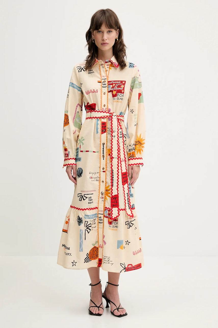 Haljina s dodatkom lana Never Fully Dressed boja: bež, midi, ravna, NFDDR2060