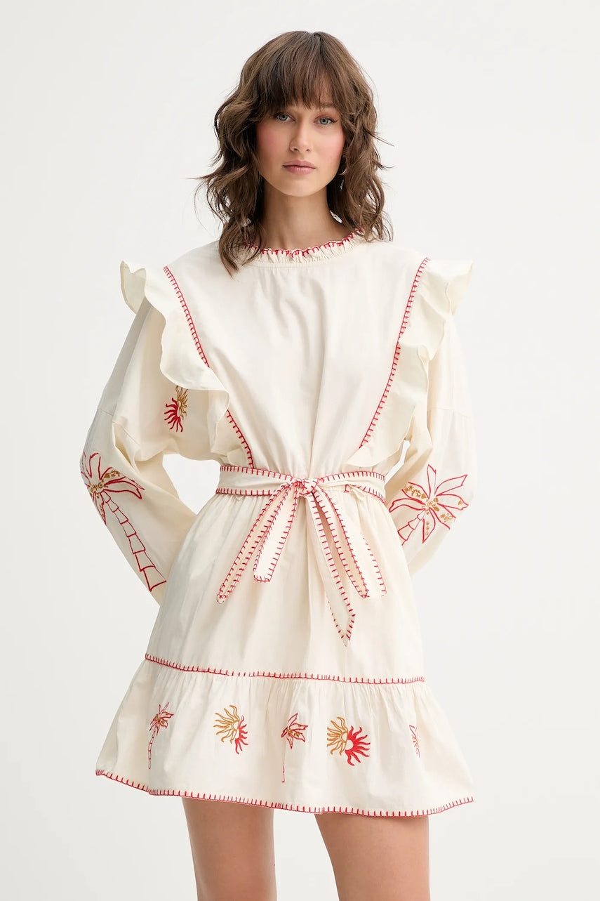 Pamučna haljina Never Fully Dressed boja: bež, mini, širi se prema dolje, NFDDR1964