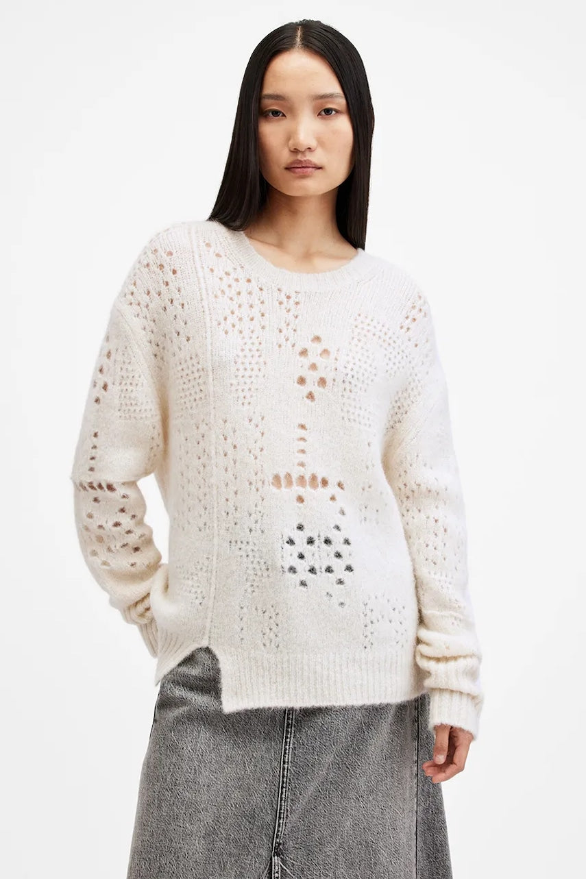 Vuneni pulover AllSaints WINNIE za žene, boja: bijela, topli, W111KB