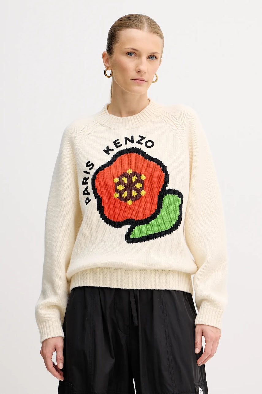 Vuneni pulover Kenzo Pop za žene, boja: bež, topli, FF52PU7043LA.02