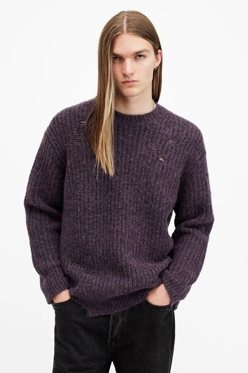 Vuneni pulover AllSaints SLANE za muškarce, boja: ljubičasta, topli, M034KB