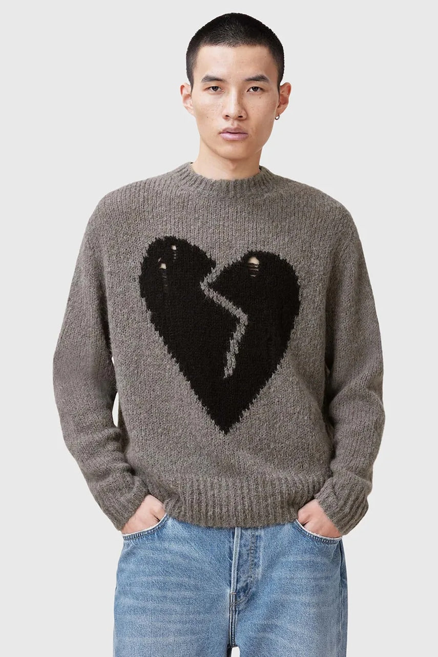Vuneni pulover AllSaints LUVHEART za muškarce, boja: siva, topli, M001KC