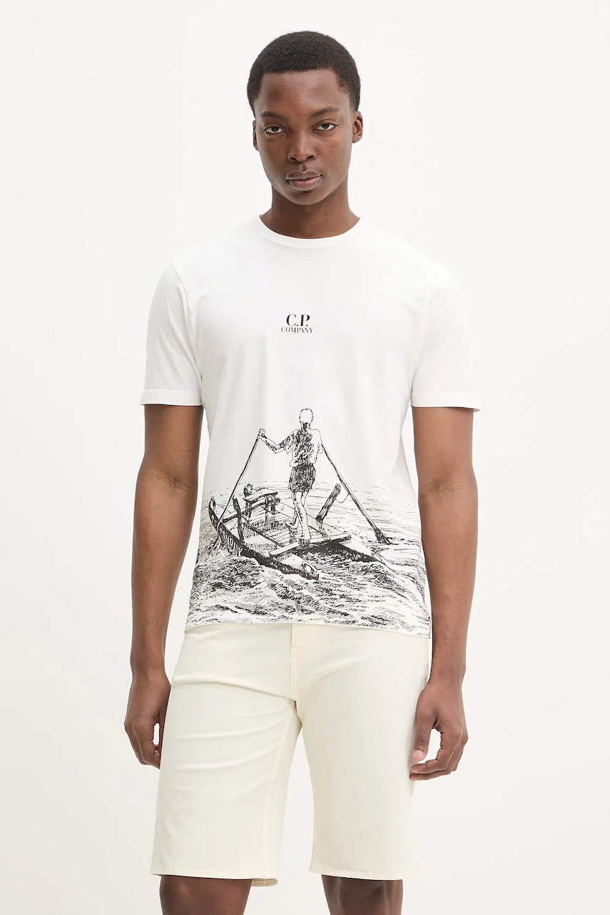 Pamučna majica C.P. Company za muškarce, boja: bež, s tiskom, 18CMTS318A005431G