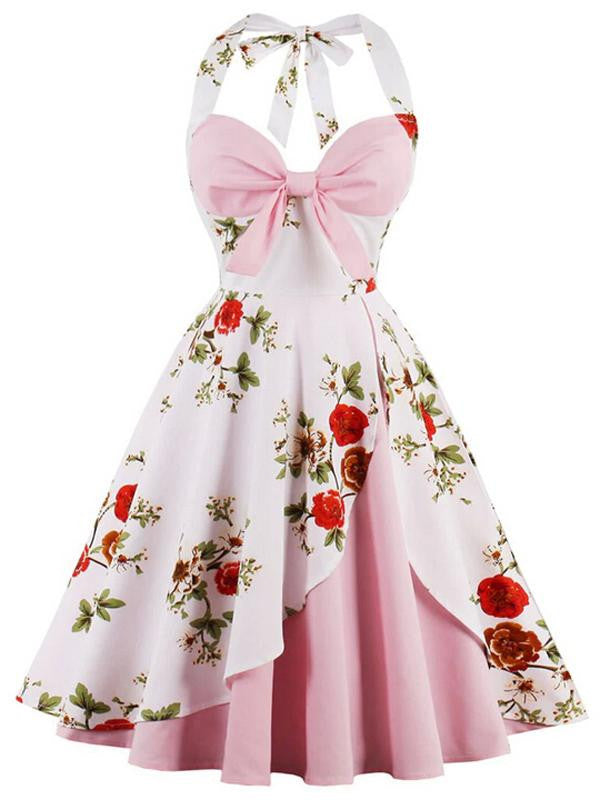 Retro Stage 1950s Halter Floral Swing Dress Pink,S