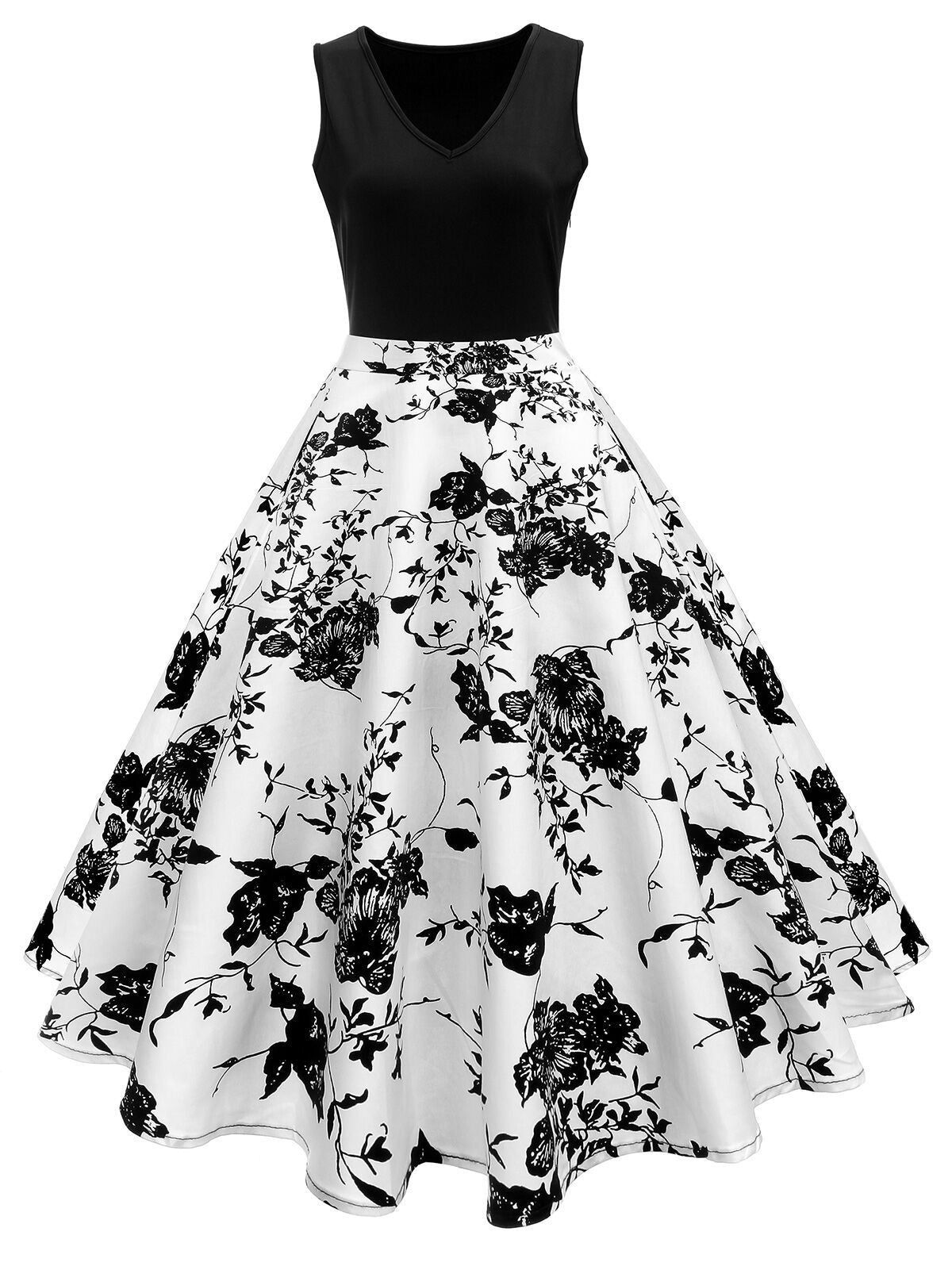 1950s Floral Swing Dress Black & White,XXL