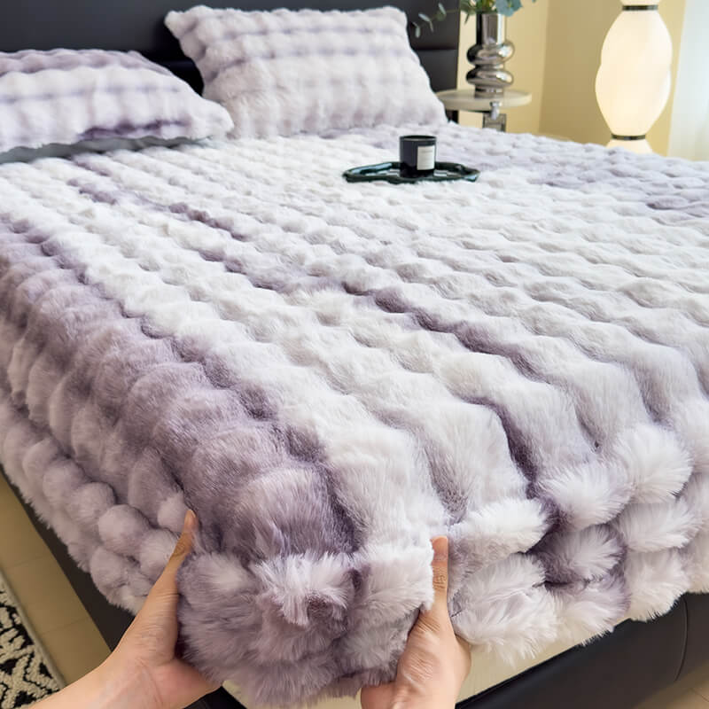 Super Soft Faux Rabbit Plush Mattress Protector Fitted Sheet, Purple - Pillowcase(2 pcs)