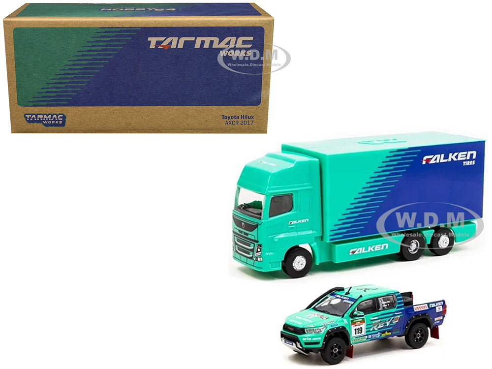 2017 Toyota Hilux AXCR Pickup Truck RHD (Right Hand Drive) 119 Green and Blue "Falken" Livery with Plastic Transporter Packaging "Falken Tires" 1-64