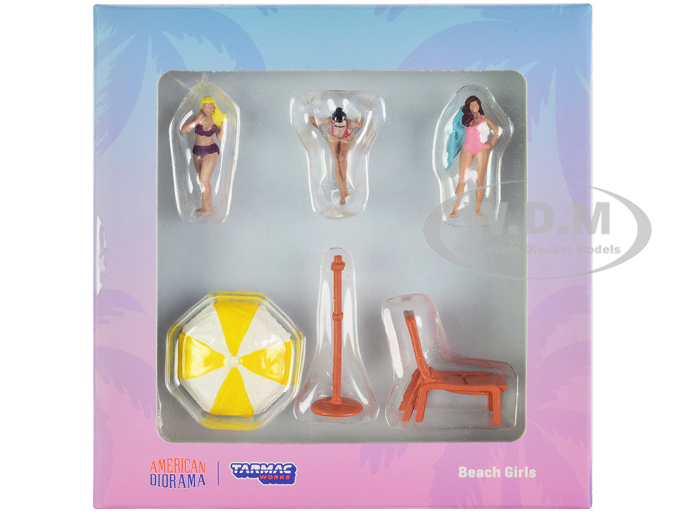 "Beach Girls" 5 piece Diecast Figure Set (3 Female Figures and 2 Beach Accessories) for 164 Scale Models by Tarmac Works &amp; American Diorama