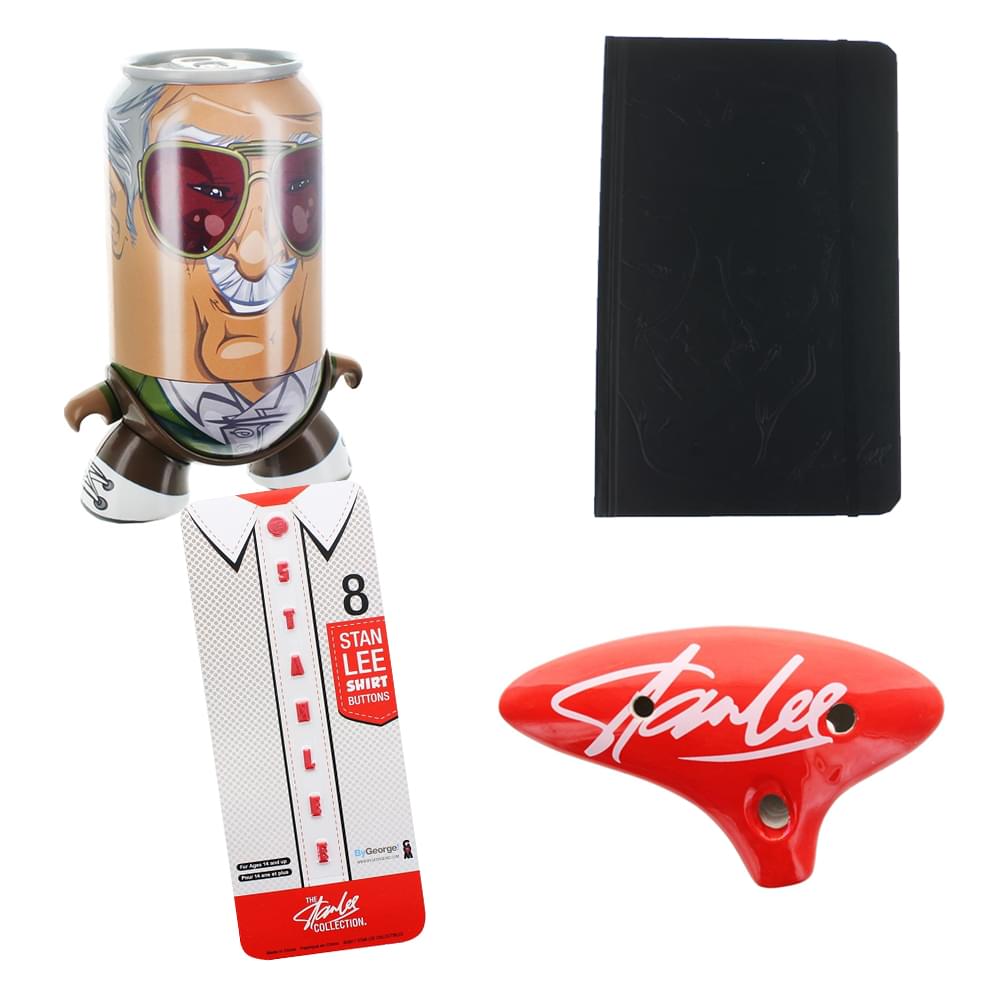 Stan Lee Gift Set with Vinyl Can Figure, Buttons, Sketchbook, & Ocarina of Doom