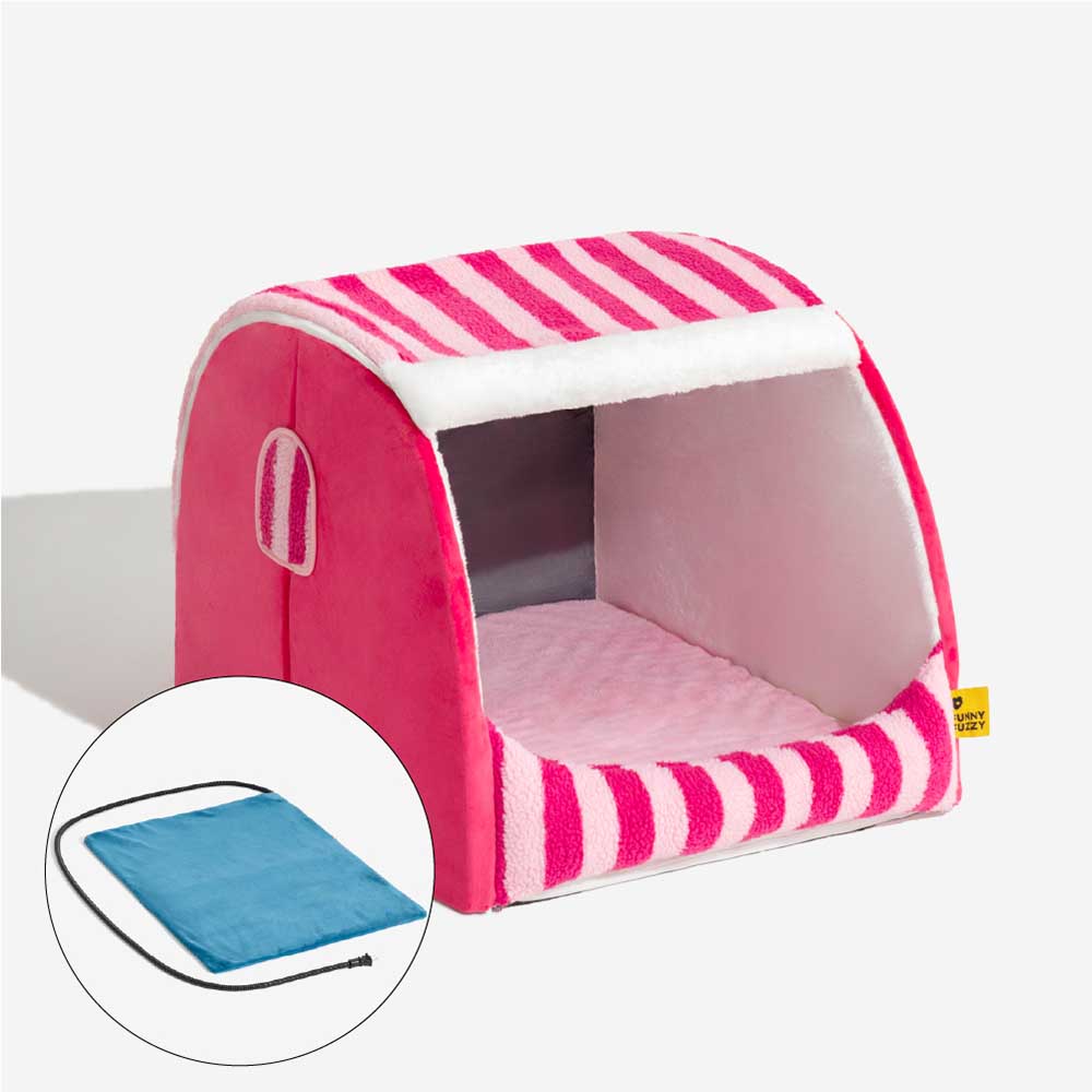 Trendy Striped House Orthopedic Dog Bed - Cozy Hideaway, Rose+Heating Pad - M