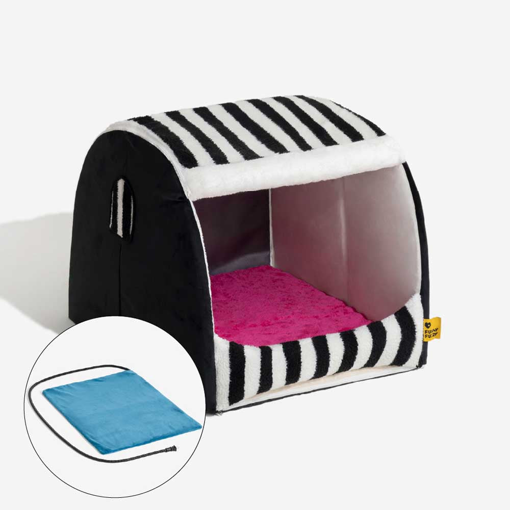 Trendy Striped House Orthopedic Dog Bed - Cozy Hideaway, Black+Heating Pad - L