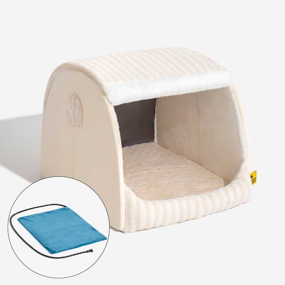 Trendy Striped House Orthopedic Dog Bed - Cozy Hideaway, Beige+Heating Pad - M