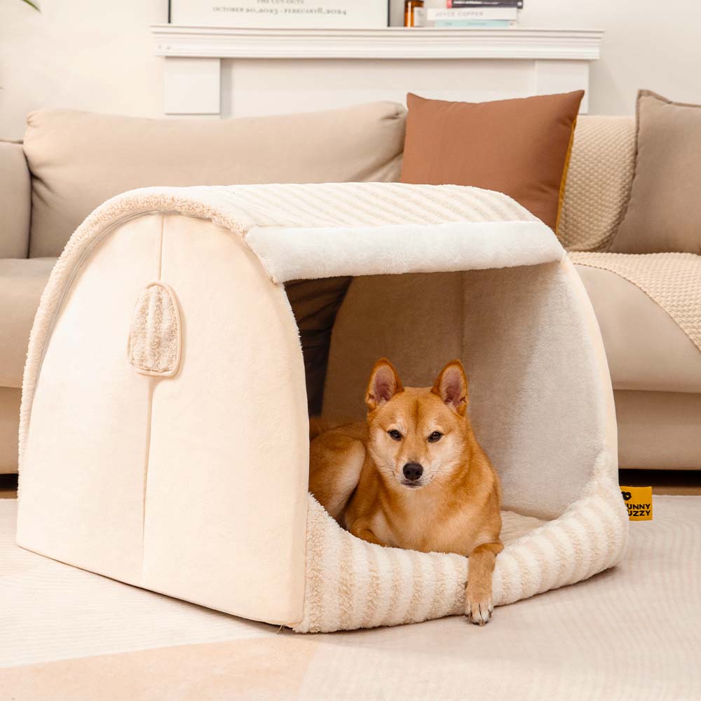 Trendy Striped House Orthopedic Dog Bed - Cozy Hideaway, Beige - M