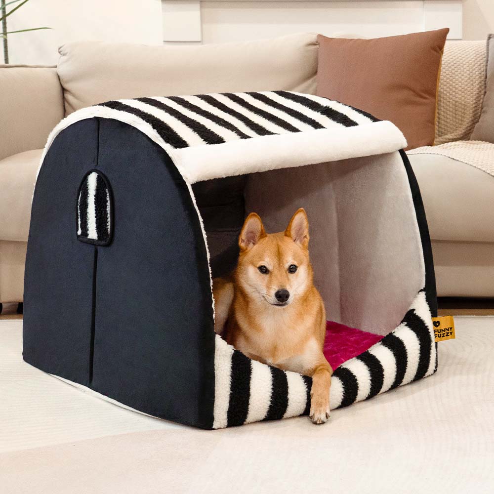 Trendy Striped House Orthopedic Dog Bed - Cozy Hideaway, Black - L