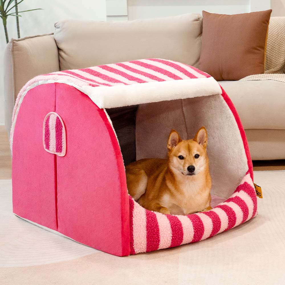Trendy Striped House Orthopedic Dog Bed - Cozy Hideaway, Rose - M