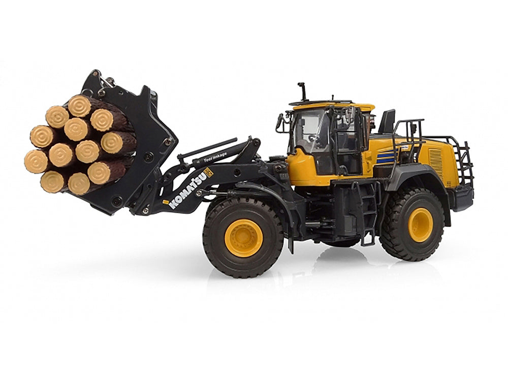 Komatsu WA475-10 Wheel Loader Yellow with Log Grapple and Log Accessories 1-50 Diecast Model by Universal Hobbies