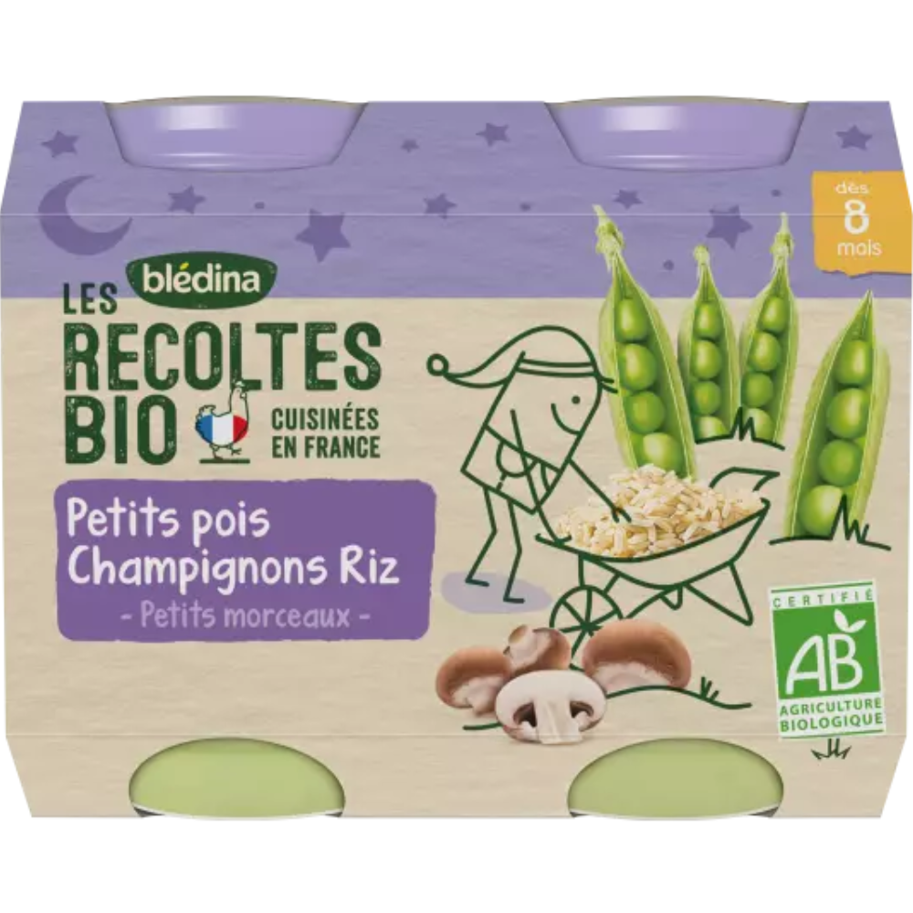 Blédina Récolte BIO Dès 8 mois - Vases du Soir - Petits Pois Champignons Riz 2x200g