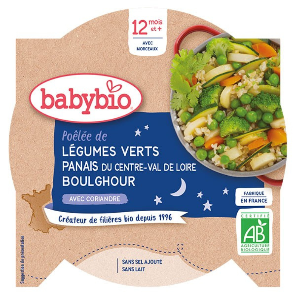 Babybio middagstallerken - 12 måneder og mere - Grønne grøntsager, Pasta, Bulghur - ØKOLOGISK 230 g