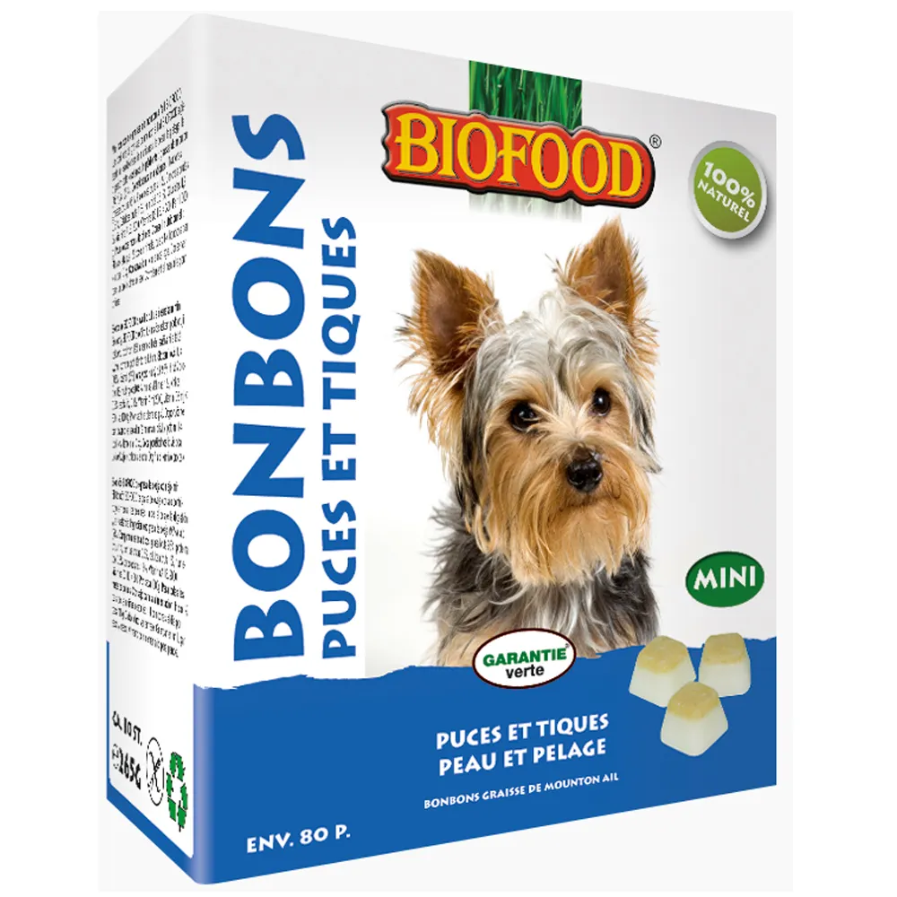 Biofood Anti-Floh- und Zeckenbonbons Mini Schaffett und Knoblauch für Hunde, 80 Stück