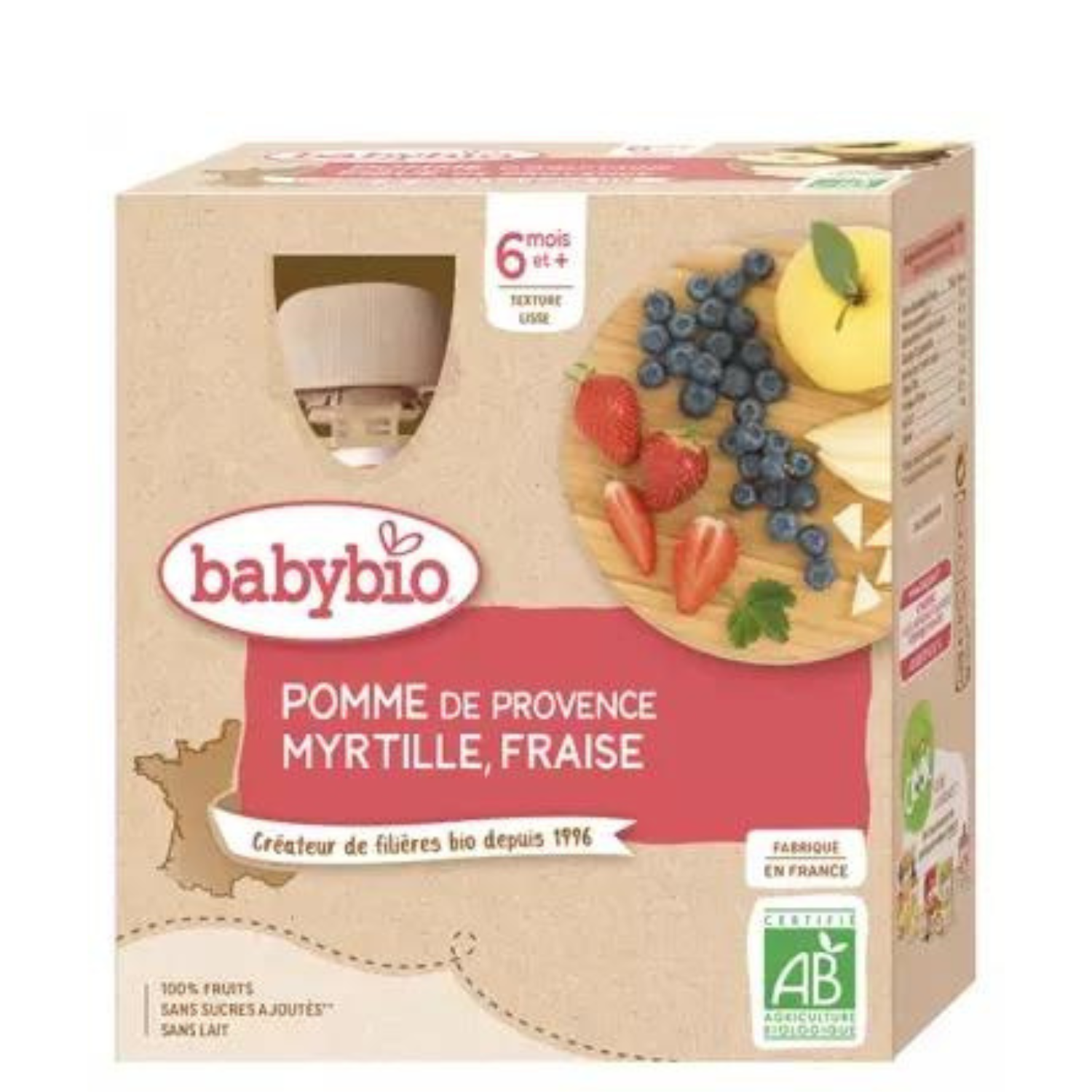 Babybio fruktflasker - 6 måneder og mer - Eple, blåbær, jordbær - ØKOLOGISK 4x90 g