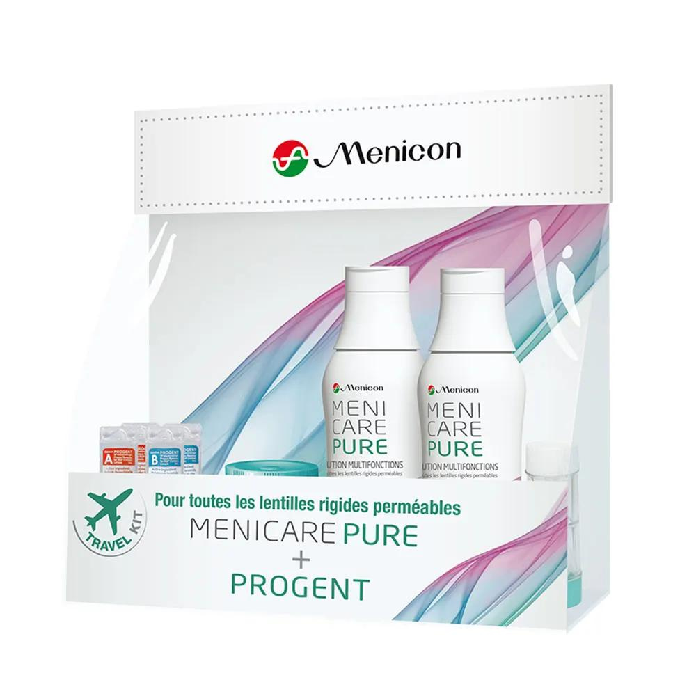 Menicon MeniCare Pure Travel multifunksjonsløsningssett + Progente 2x70ml + 2 behandlinger + 2 etuier