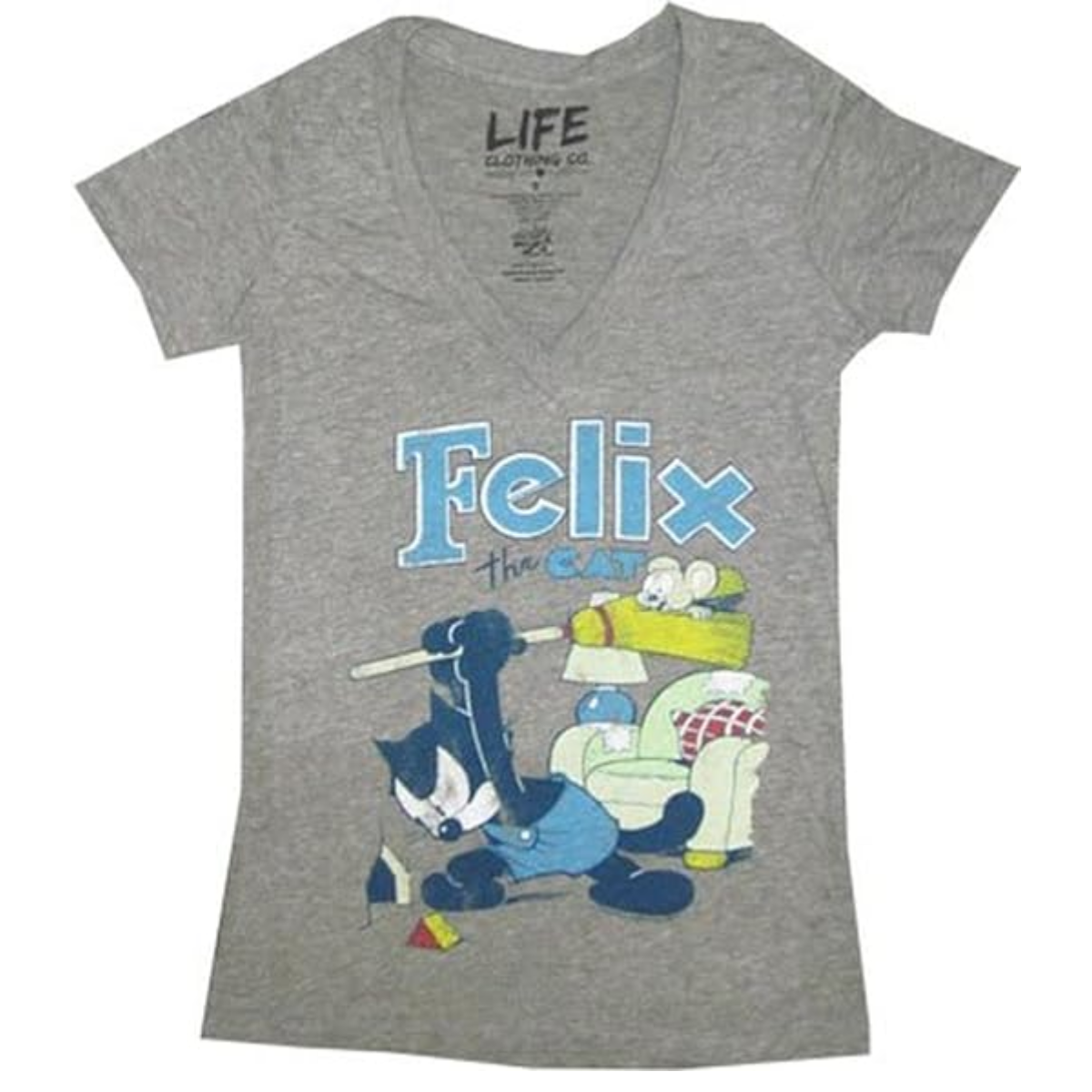 The Cat Broom Heather Gray V-Neck Juniors T-shirt Tee - XL