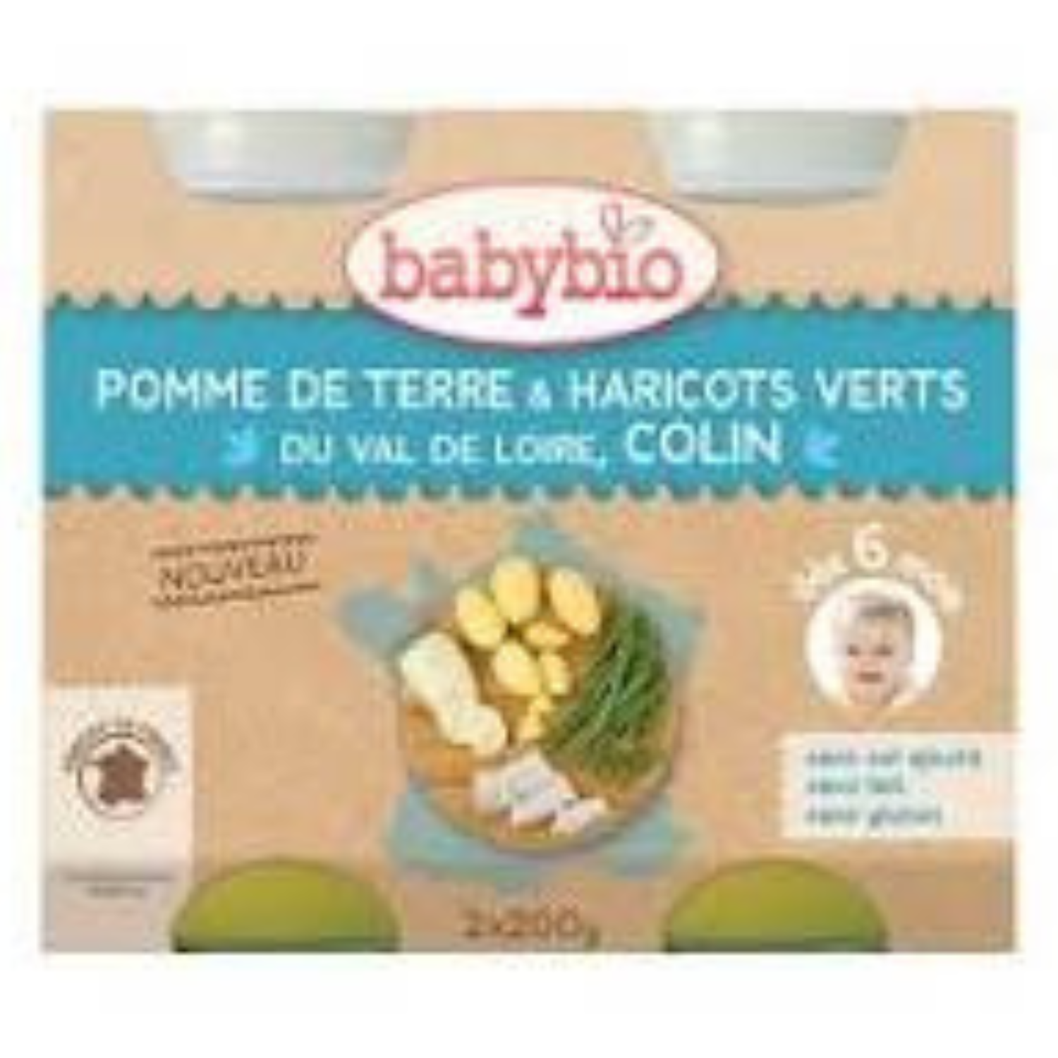 Babybio Midi krukker - 6 måneder og + - Grønne bønner, kartofler, dørslag - ØKOLOGISK 2X200G